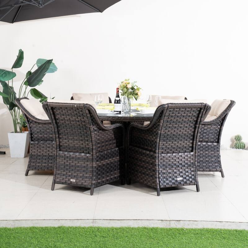 Outdoor Patio 7-piece Wicker Dining Set with 6 PE Rattan Chairs