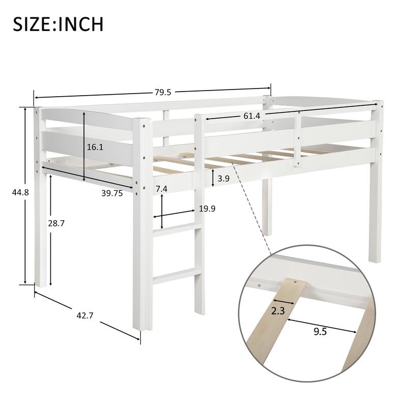 Twin Size Loft Bed with Ladder, Twin Bed Frame for Kids, Boys, Girls, Solid Wood Low Loft Bed Frame with Full-Length Guardrails
