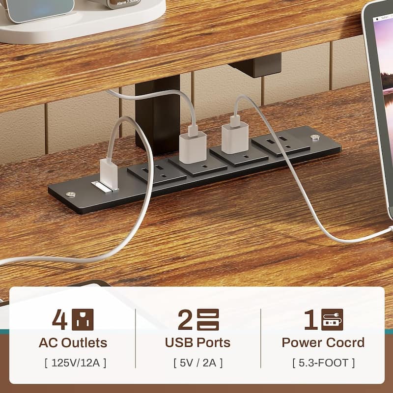 Home Computer Desk File Drawer & Power Outlet 5 Drawer Monitor Shelf