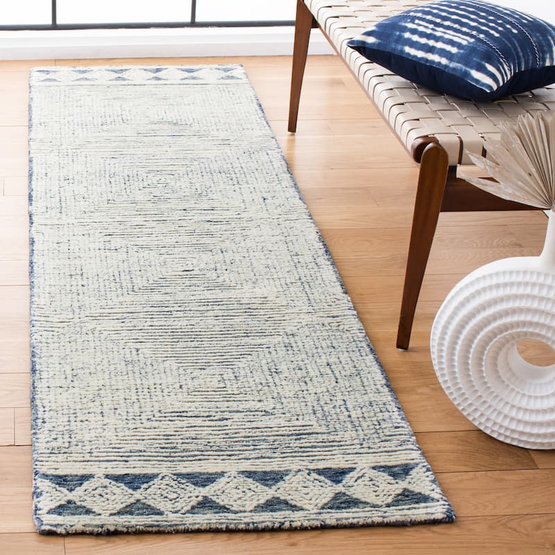 SAFAVIEH Handmade Abstract Rachel Modern Wool Rug - 2'3" x 10' Runner - Ivory/Navy