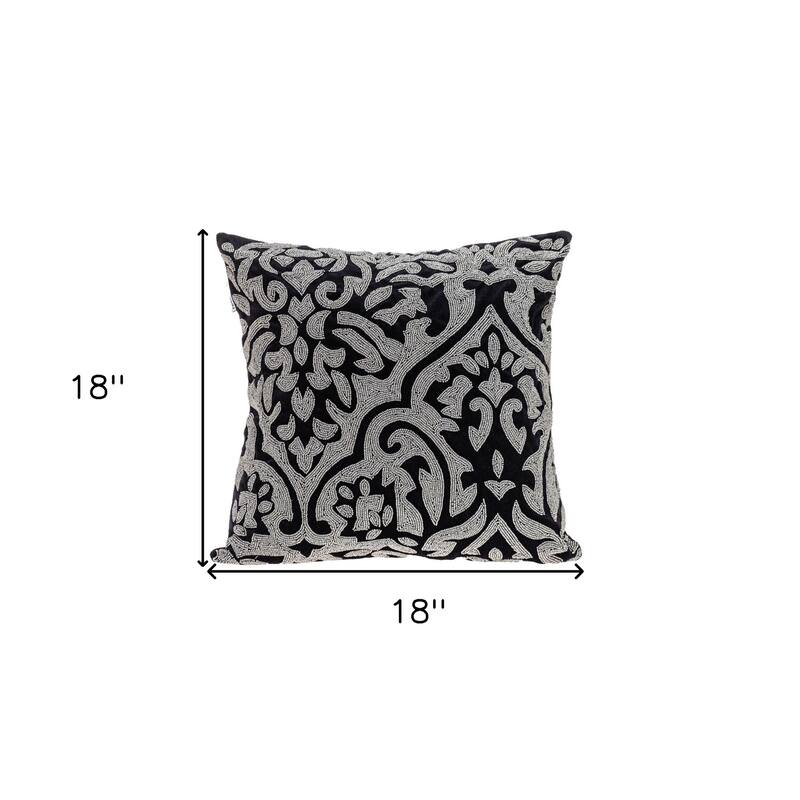 HomeRoots 18" Black and Silver Damask Velvet Throw Pillow With Beads