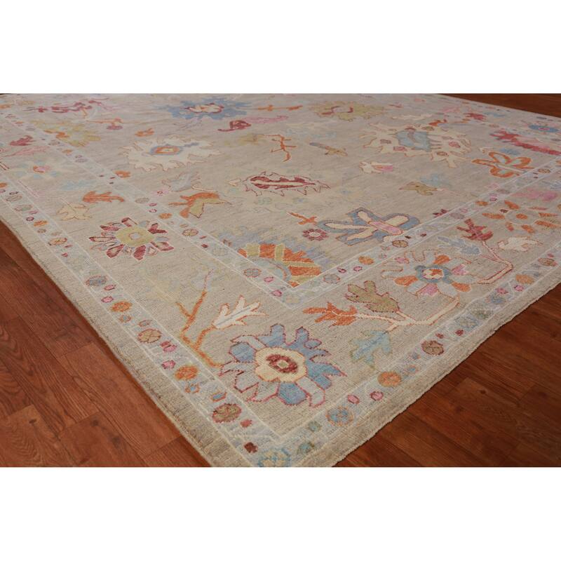 Hand Knotted Oriental 100% Wool Carpet Transitional All-Over Beige & Ivories Oushak Area Rug - 9' 10'' X 8' 5''
