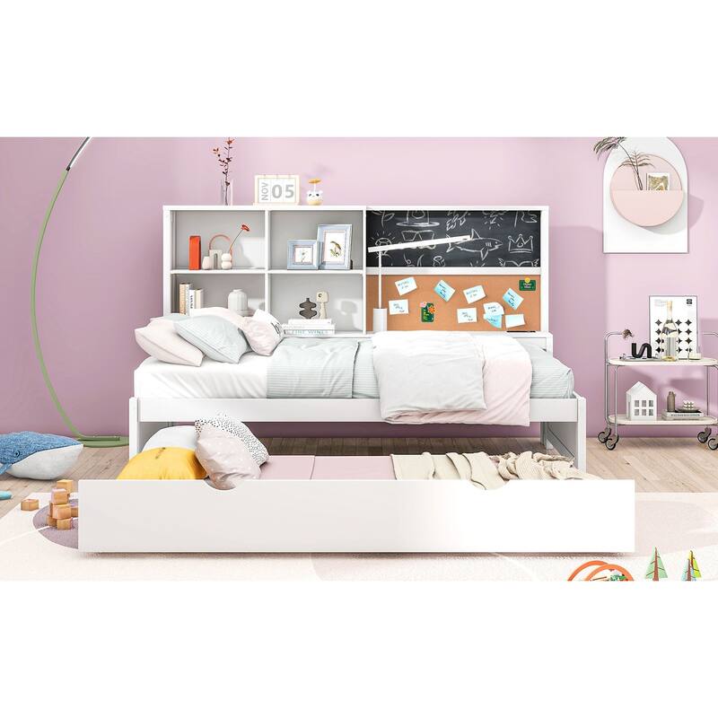 Full Size Wood Daybed with Storage Shelves, Blackboard, Cork Board, USB Charging Ports, and Trundle