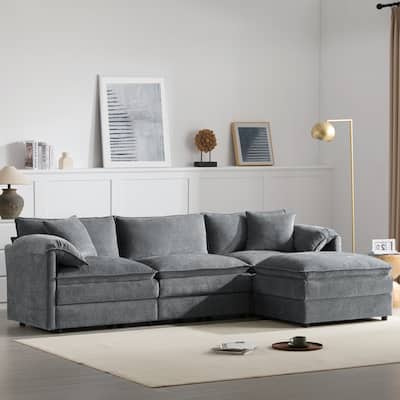 103.5" Chenille L Shaped 4 Seat Modular Sectional Sofa with Double Cushions and Movable Ottoman, Dark Gray