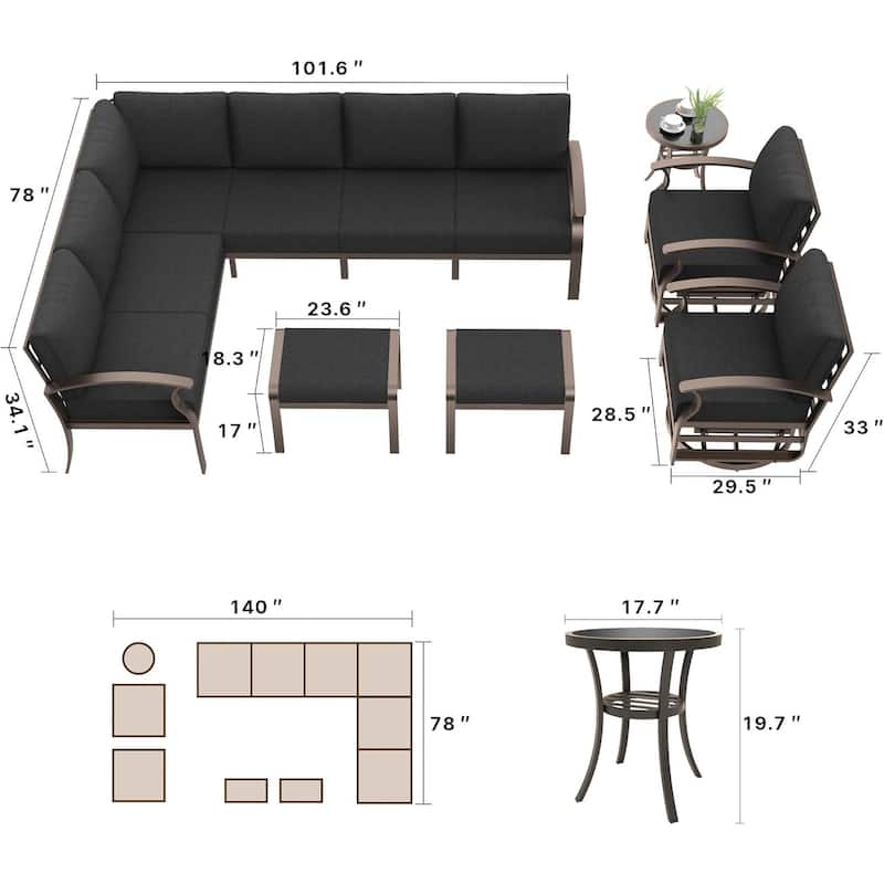 Kullavik Aluminum Corner Sofa Set, Patio Outdoor Sectional Sofa Set with Armrests and Footrests