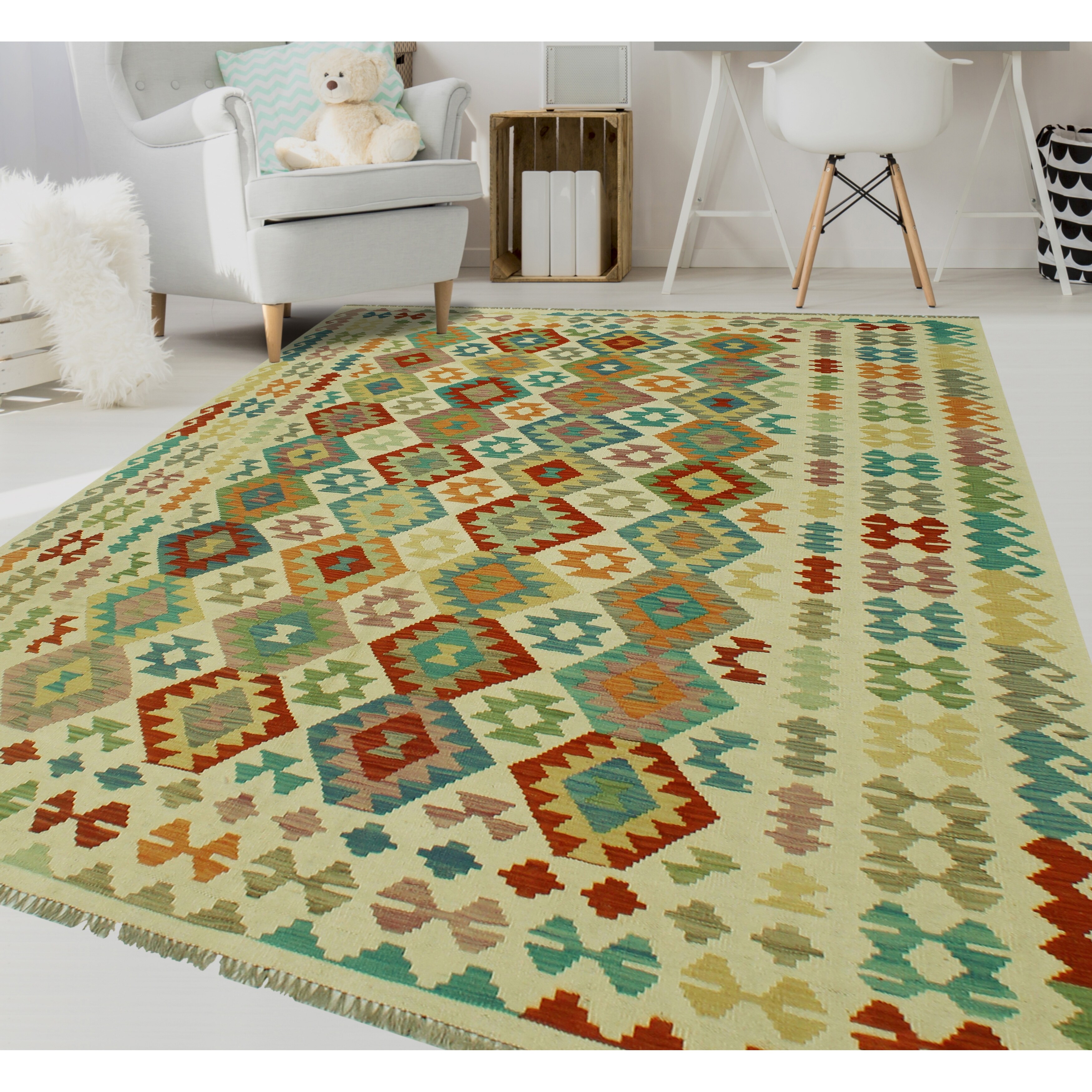 Hand-Woven Sangat Kilim Kendel Ivory/Rust Rug - 6'8