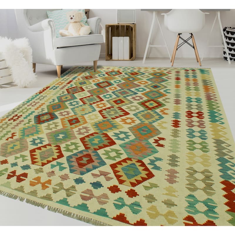 Hand-Woven Sangat Kilim Kendel Ivory/Rust Rug - 6'8" x 9'10"