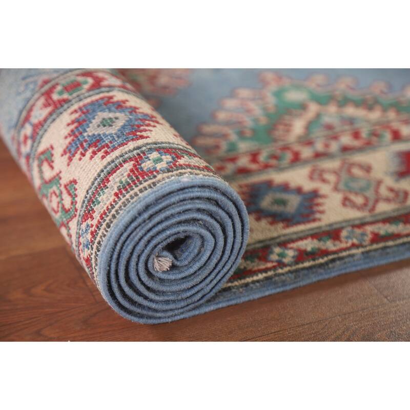 Hand Knotted Oriental 100% Wool Carpet Traditional Geometric Navy Blue & Blues Kazak Runner Rug - 8' 11'' X 2' 9''