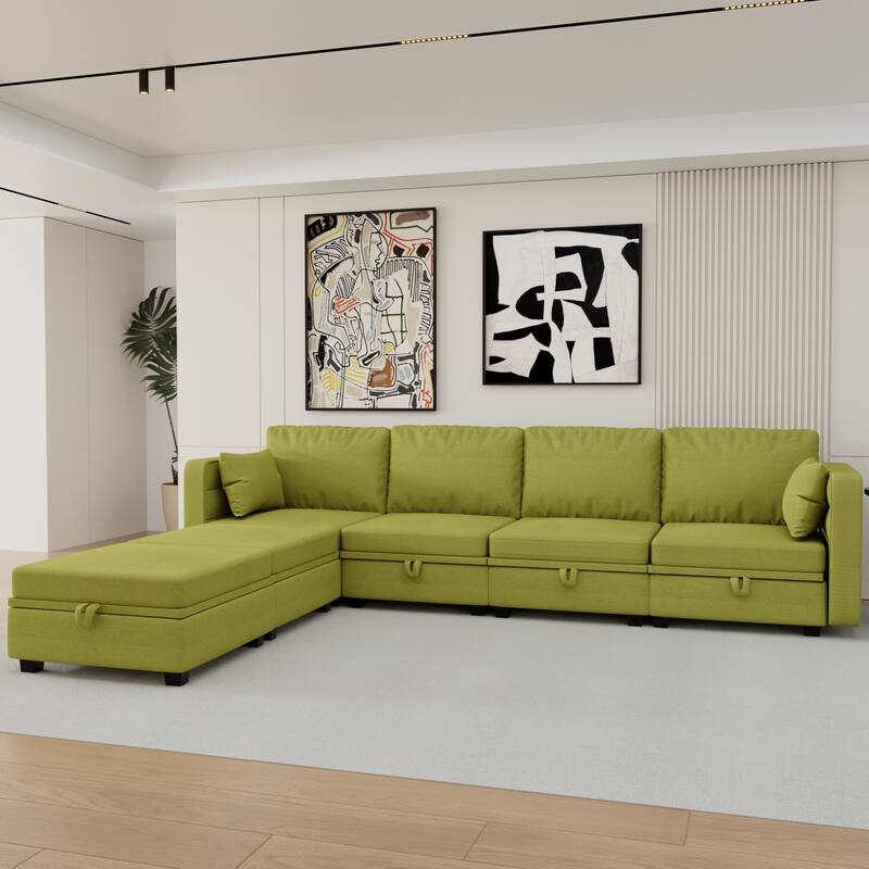6-Seat U-Shaped Modular Reversible Sectional Sofa with Storage Ottoman
