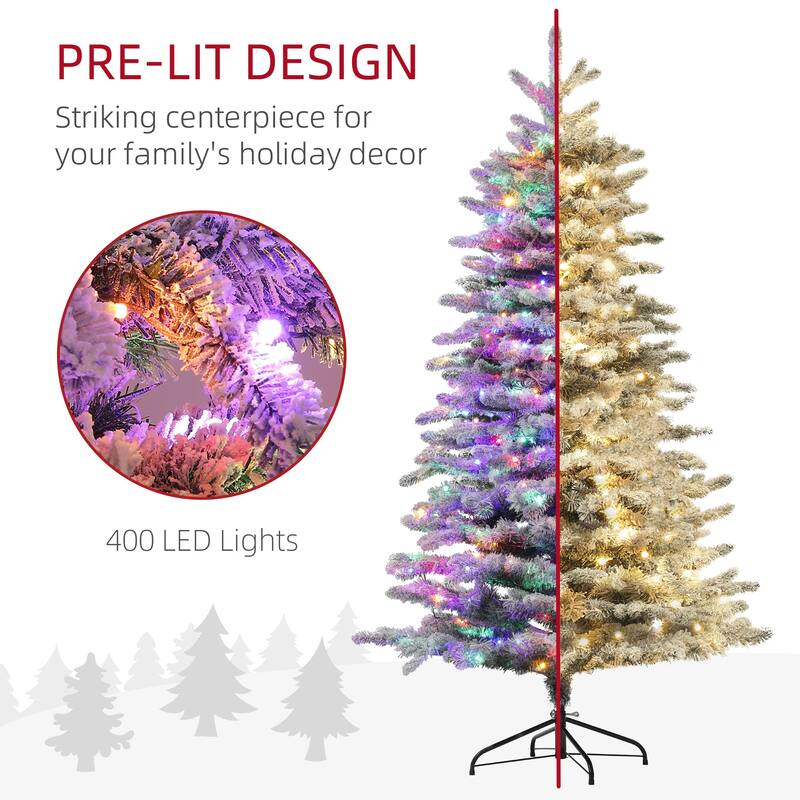 HOMCOM Pre-Lit Snow Flocked Mountain Pine Tree - LED Lights, Hinged Branches, Green