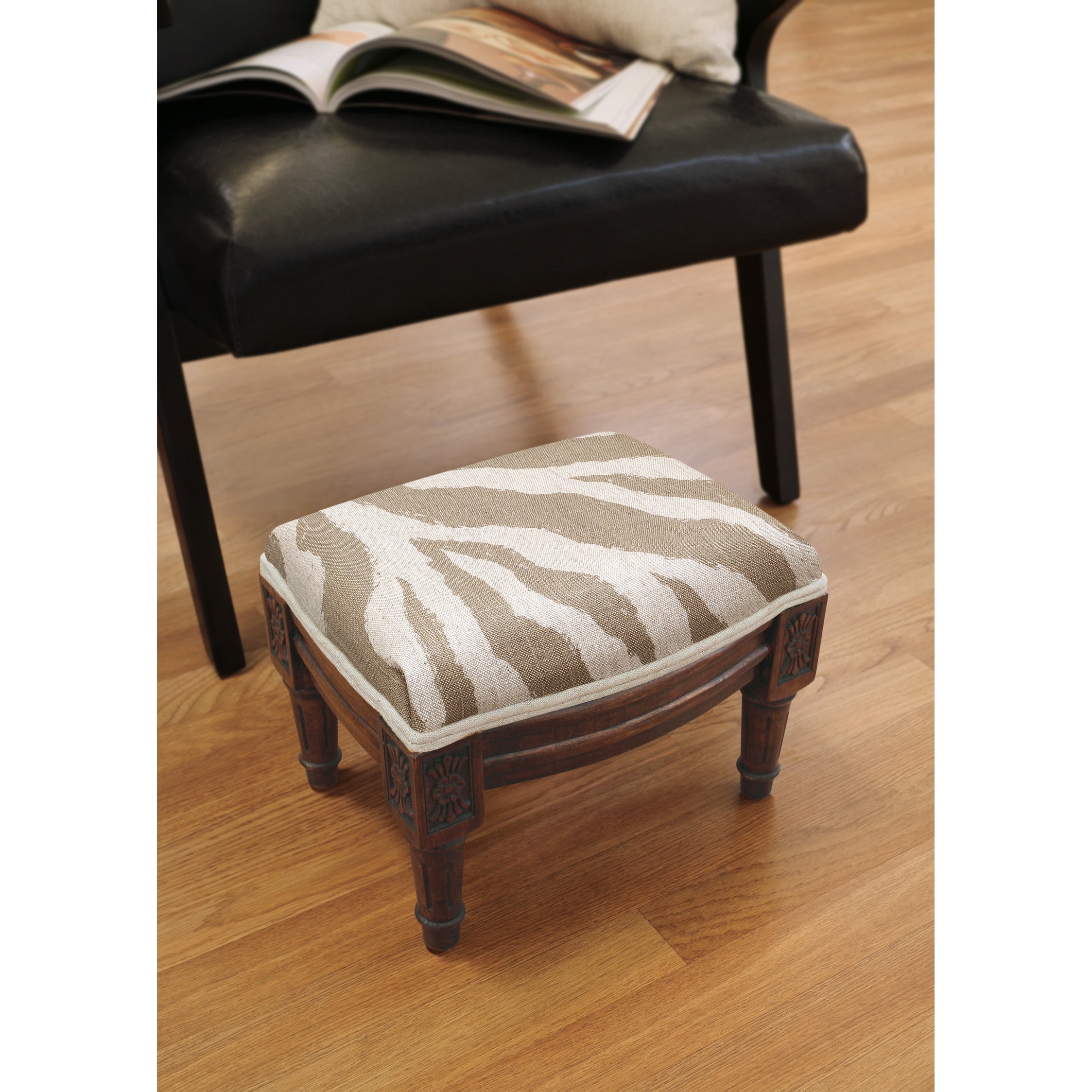 Taupe Zebra Print Footstool with wood stained finish