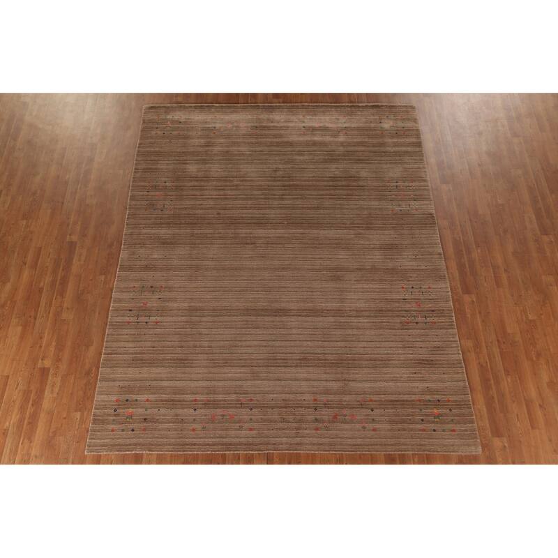 Striped Brown Gabbeh Oriental Area Rug Hand-Knotted Wool Carpet - 7'9" x 9'10"