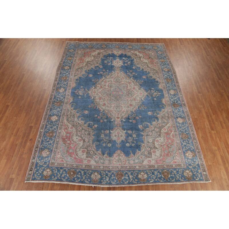 Distressed Tabriz Persian Vintage Rug Hand-Knotted Blue Wool Carpet - 10'0"x 13'4"