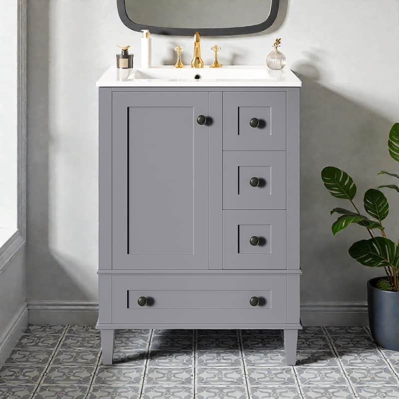 24" Bathroom Vanity with Integrated Ceramic Sink, Soft-Close Drawers and Door, Cabinet with Door Storage Rack - Grey