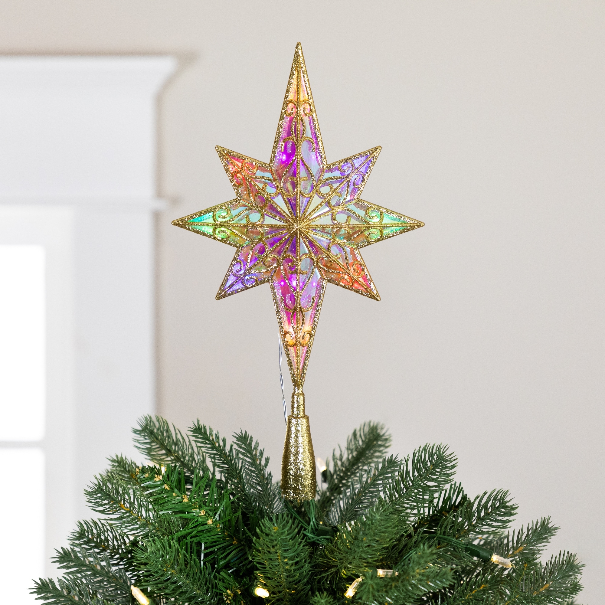 LED Glitter Star of Bethlehem Tree Topper 14.5" Gold Multi Lights