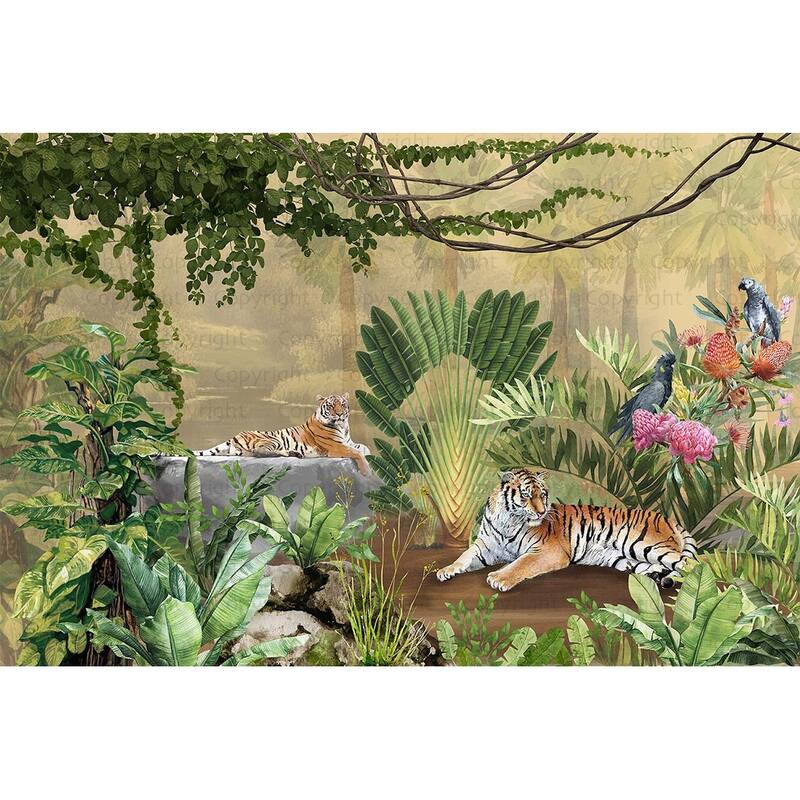 Exquisite Jungle Wallpaper Mural Tigers Tropical Flora Exotic Birds - Yellow - W:163" x H:110"