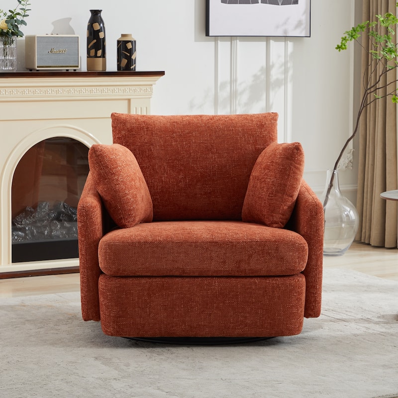 Chenille Upholstered Swivel Accent Chair, Cozy Club Chair with 2 Thorw Pillows, Oversized Lounge Armchair with Metal Base