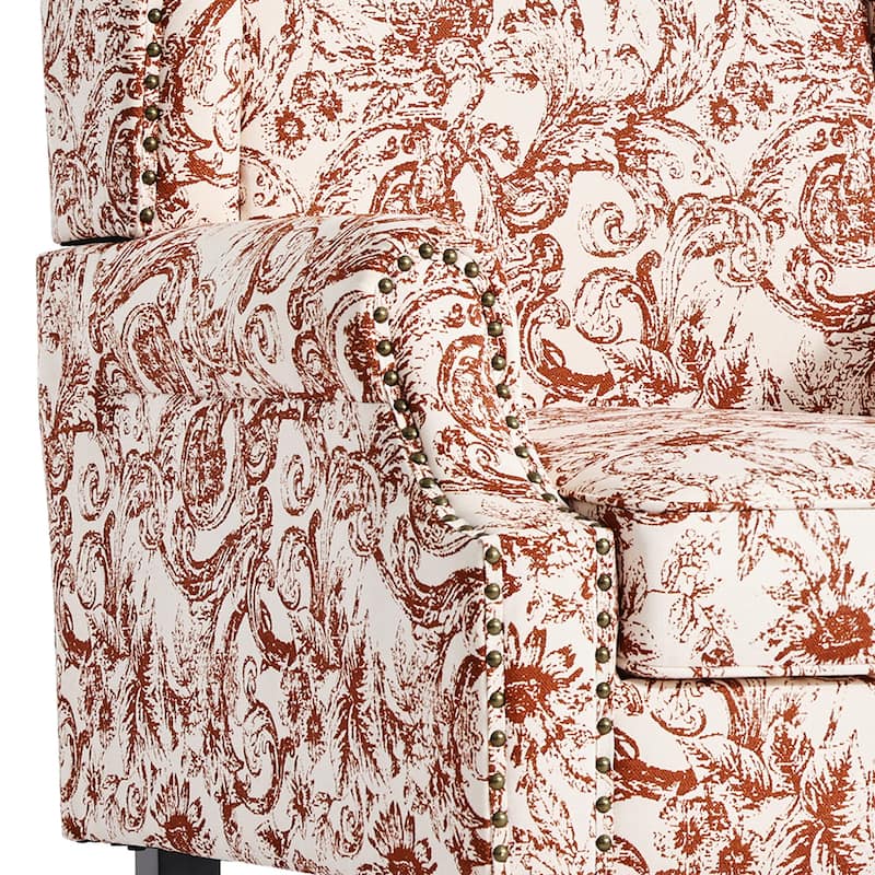 Traditional Floral Patterned Wingback Armchair with Nailhead Trim
