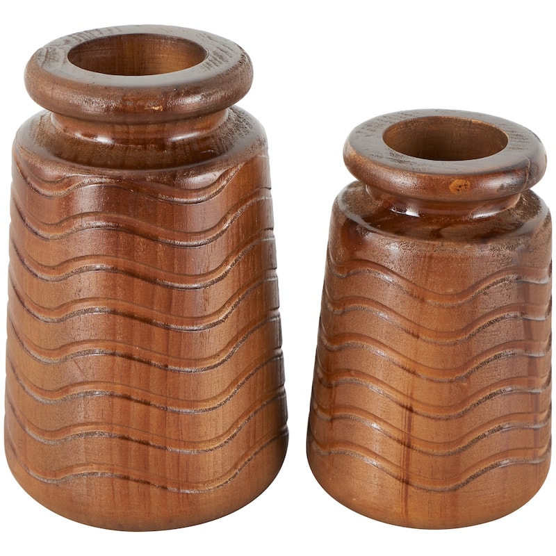 Wood Vase with Carved Wavy Designs - Set of 2 Brown - Roche River Decor - 5"W x 5"L x 9"H