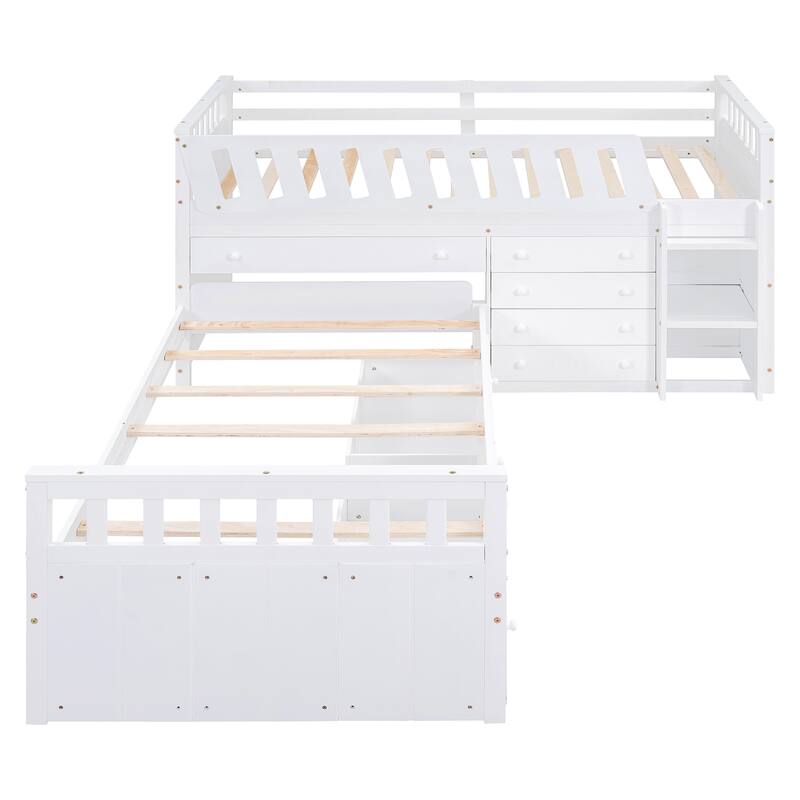 Space-Saving Twin Loft and Platform Bed with 7 Drawers and Full Guardrails in White