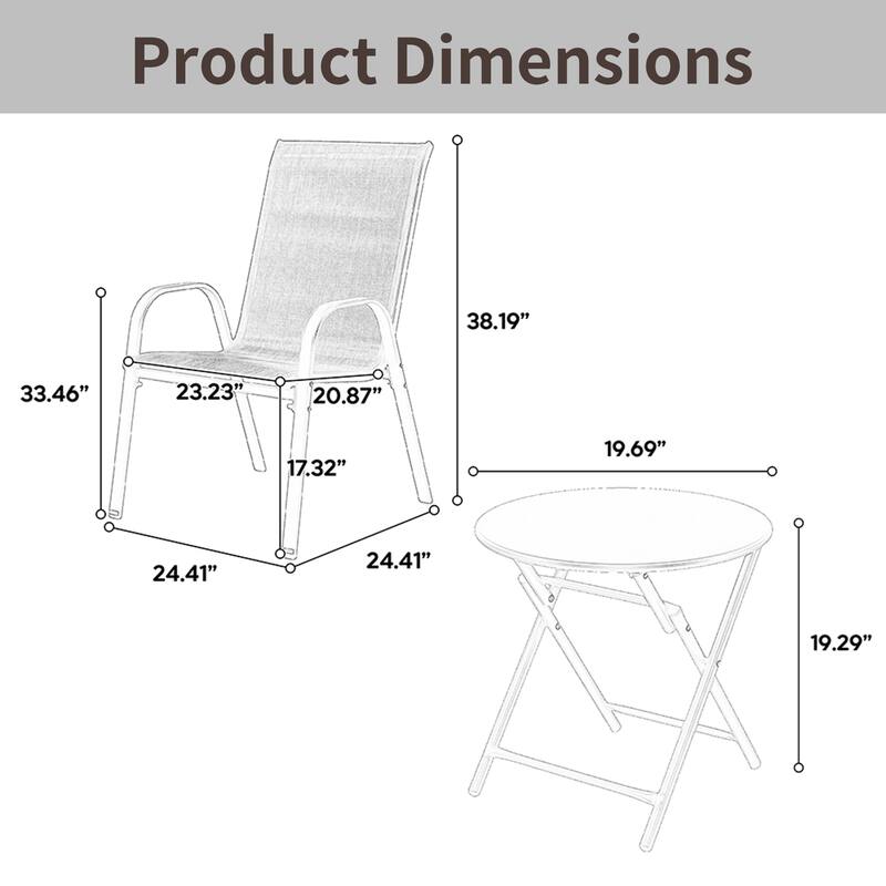 3-Piece Patio Bistro Set w/ 2 Camping Chairs, Steel Top Folding Table
