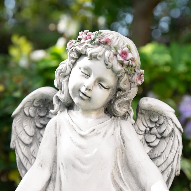 Glitzhome Vintage MgO Angel Distressed Garden Statue Sculpture with a Birdfeeder