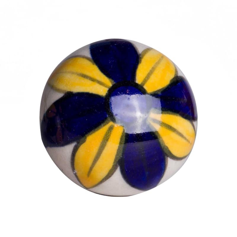 HomeRoots Set of Twelve Blue And Yellow Floral Ceramic Drawer Pull Knobs - 1.5" x 1.5" x 1.5"