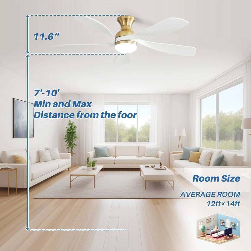 52 Inch Flush Mount Smart Ceiling Fan with Light, APP and Remote Control, Low Profile - 52 inch