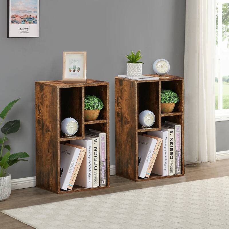 Bookshelves and Bookcases Set of 2, Floor Standing 3 Tier Display Storage Shelves, Small Bookcase for Home Office - 2 PACK - Brown