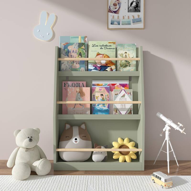 Anmytek 3-Tier Kids Wall Bookshelf with Slanted Front & Guardrails, Pastel Finish Wooden Display for Bedroom