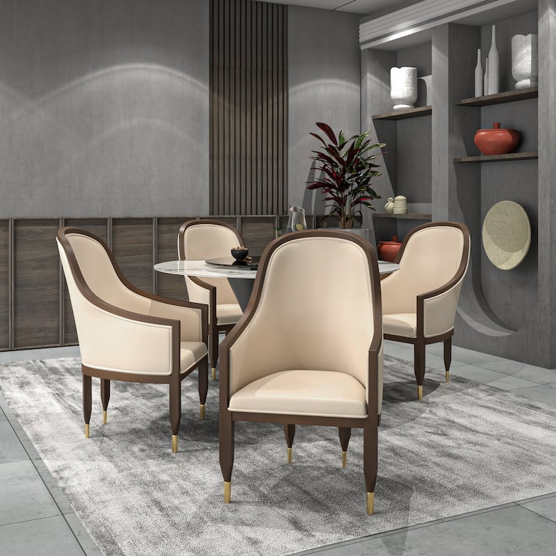Leather Dining Chair with Arms with Rubberwood Frame Belle Series by LeisureMod