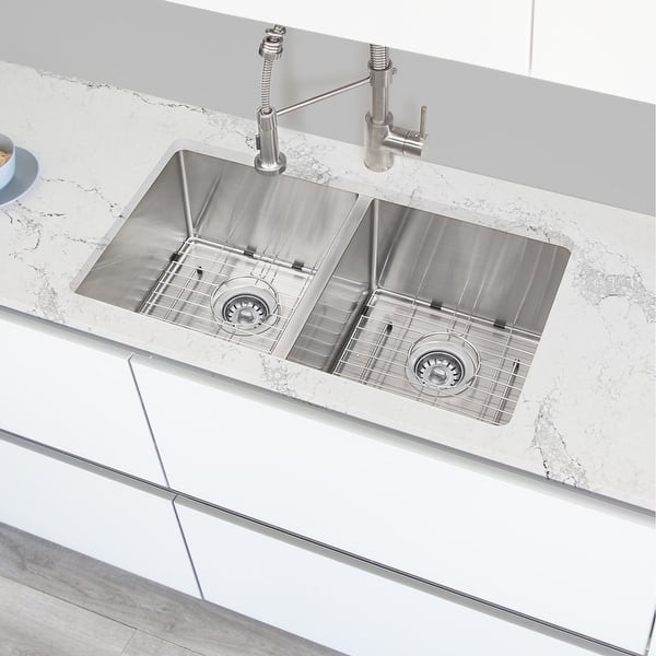 32 L X 18 W Double Basin Undermount Kitchen Sink With Grids And Basket Strainers Overstock 31990971