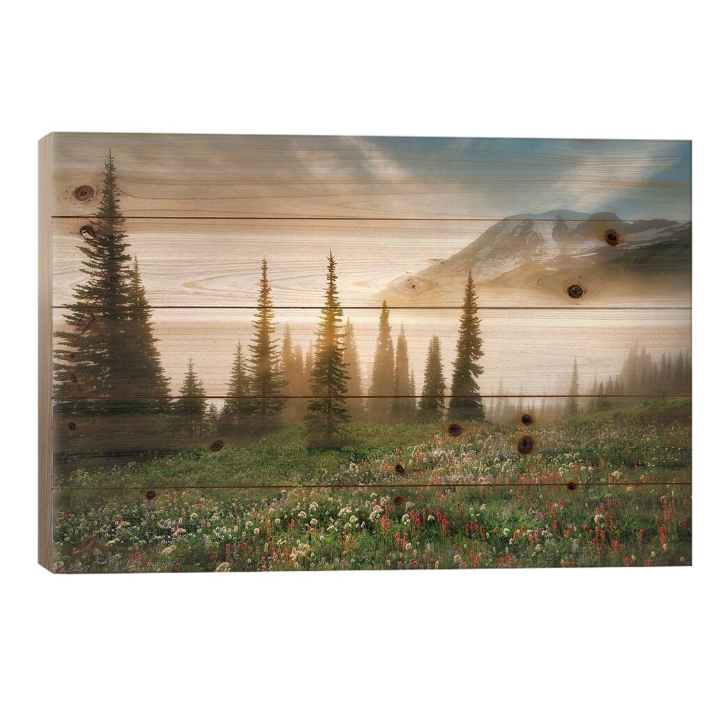 Rainier Wildflowerws Print On Wood by Dennis Frates - Multi-Color