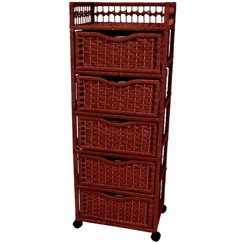 Handmade Wood and Natural Fiber Wheeled 5-drawer Chest (China) - Mahogany