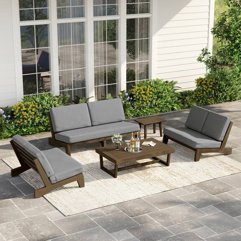 Casual Teak Outdoor Patio Conversation Set with Cushioned Sofa Loveaseat