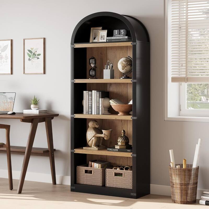 Tall Farmhouse 5-Tier Arched Bookcase, Display Storage Shelf - N/A