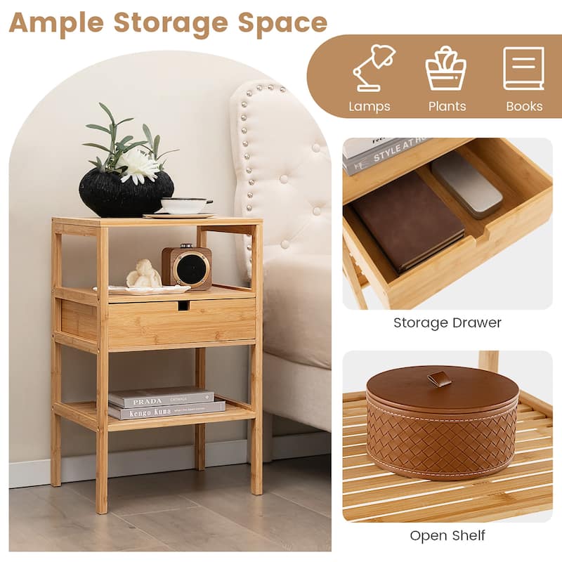 Gymax Bamboo Nightstand w/ Pull-out Drawer & Storage Shelf Wood