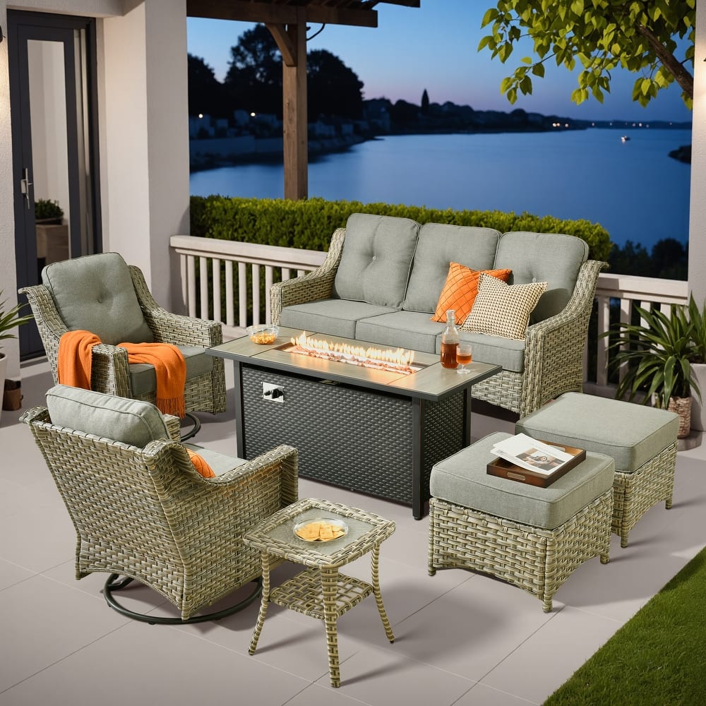 ​​OVIOS 7 Pieces Outdoor Wicker Swivel Chair Set with 54" Fire Table​