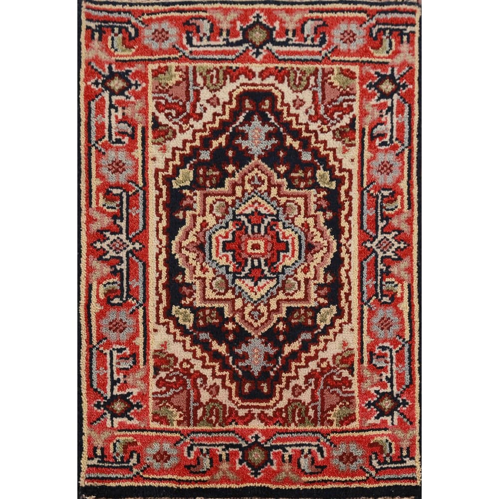 Hand Knotted Oriental 100% Wool Carpet Traditional Medallion Navy Blue & Blues Heriz (serapi) Area Rug - 3' 0'' X 2' 0''