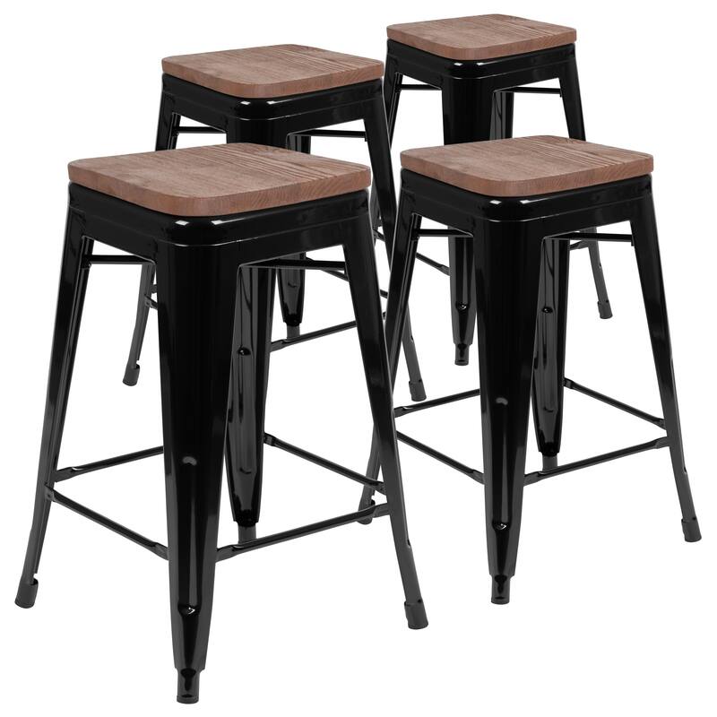 4 Pack 24" High Metal Indoor Counter Bar Stool with Wood Seat - Stackable Stool