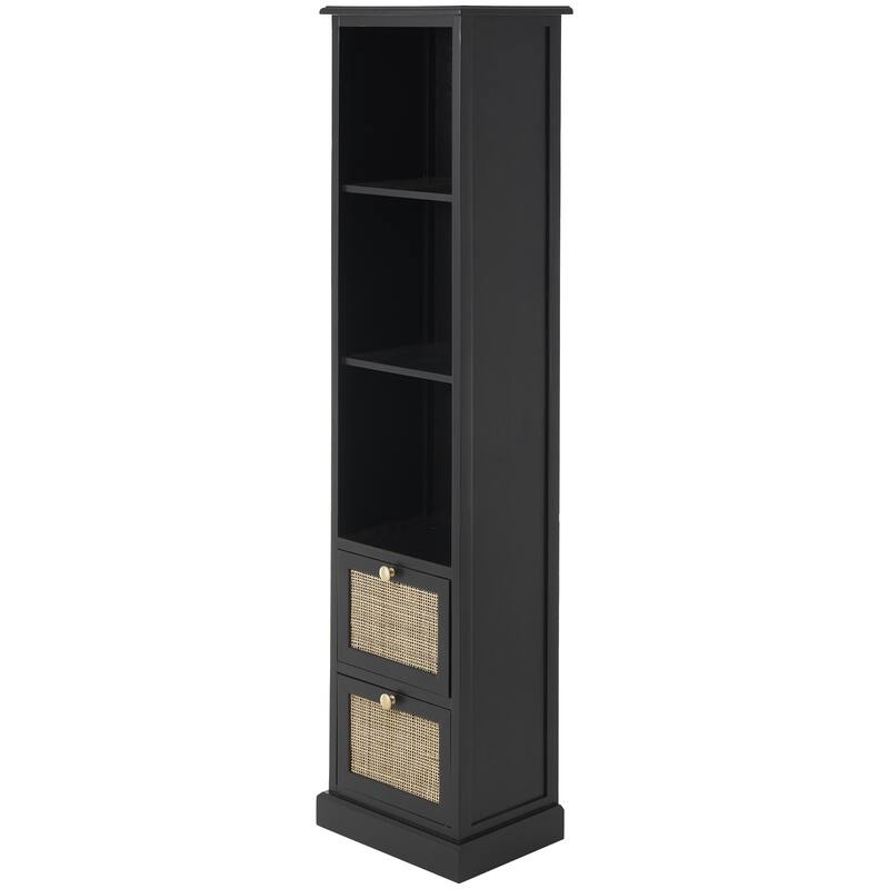 Wood 2 Drawer and 3 Shelf Cabinet with Rattan Front - Black - Roche River Decor - Black