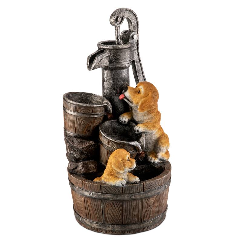 Glitzhome 23.75"H Cute Dog Playing Around the Water Pump Polyresin Outdoor Fountain with Pump and LED Light
