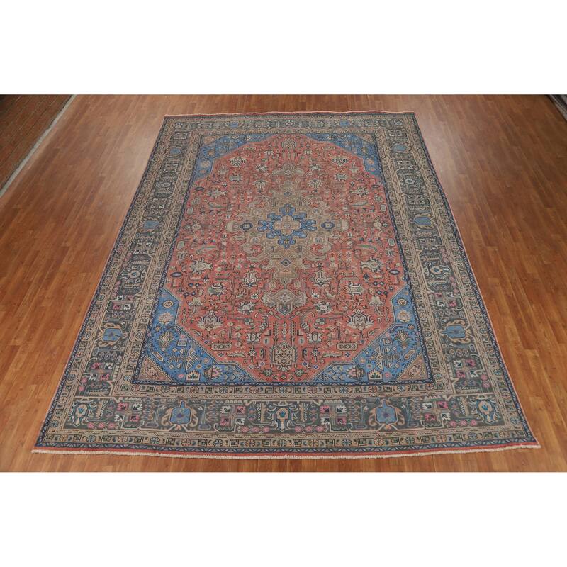 Pink Geometric Tabriz Persian Vintage Rug Hand-Knotted Wool Carpet - 9'8" x 12'11"