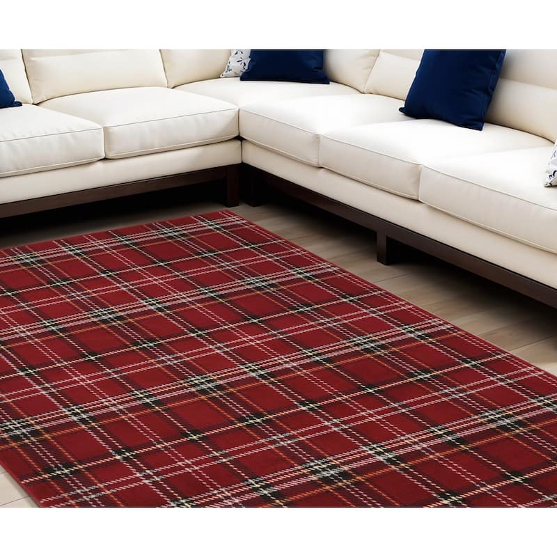 HomeRoots Plaid Contemporary Rectangle Area Rug - 108.00 in. x 72.00 in. x 0.50 in. - Black/Red - 108.00 in. x 72.00 in.  x 0.50 in. - Rectangle