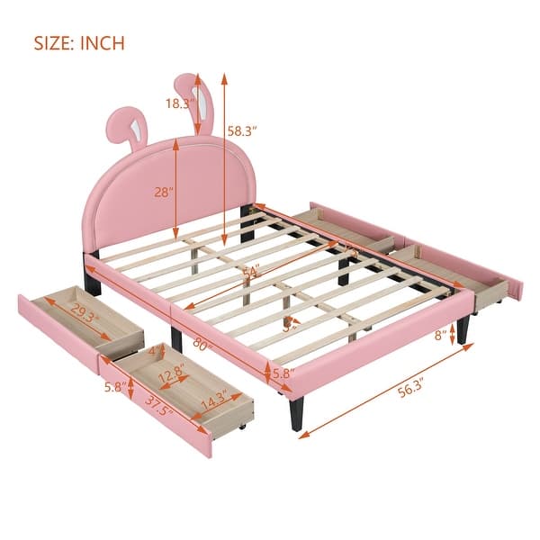 Full Upholstered Leather Platform Bed with Rabbit Ornament & 4 Drawers, Low to Ground Full Bed Frame with Slats Support, Pink