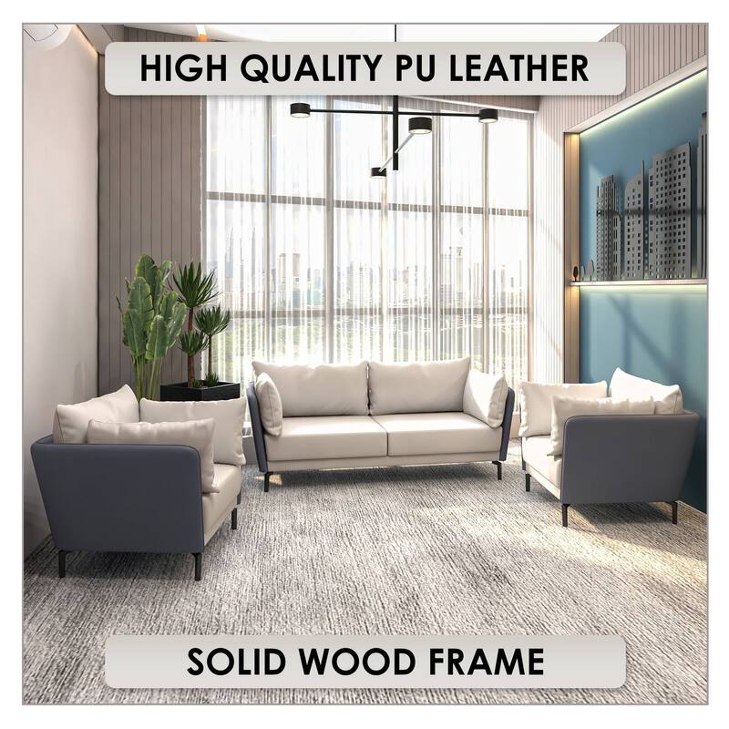 3-Piece Sofa Set Upholstered PU Leather with Metal Legs Removable Cushions for Modern Home Luxify Series by LeisureMod