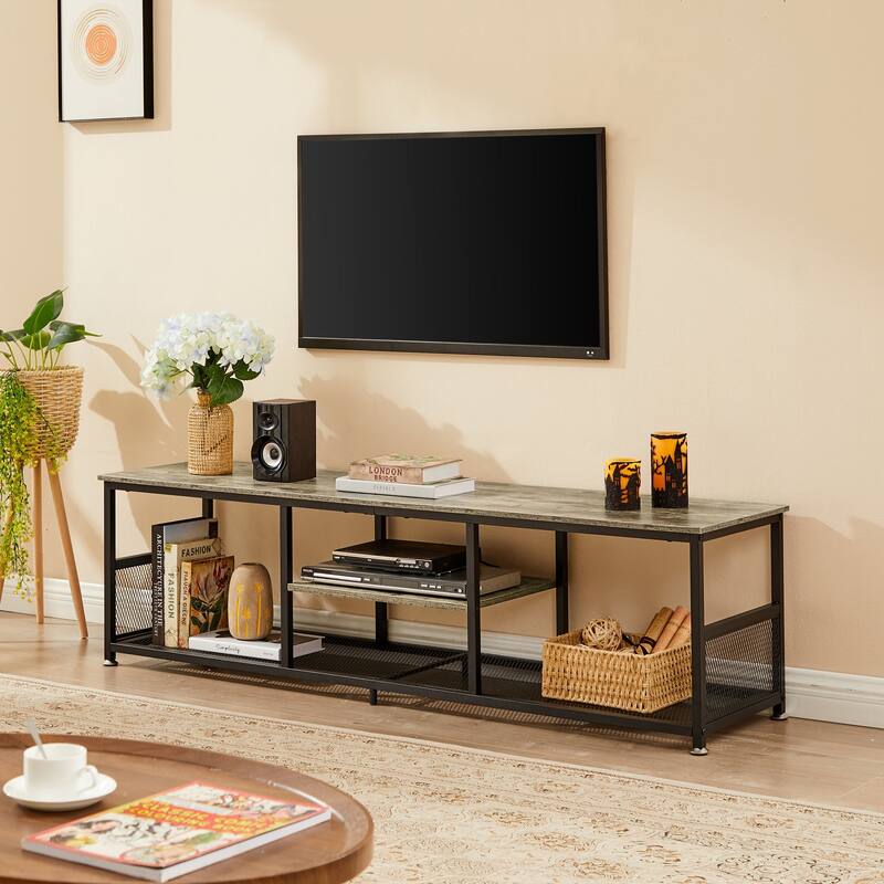 VECELO Industrial TV Stand for Televisions up to 80 Inch,70" Entertainment Center with Open Storage Shelves,Console Table