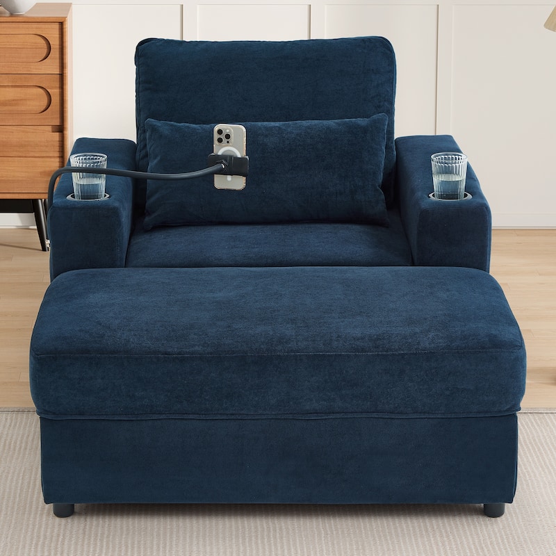 Modern Style Armchair with a Movable Storage Ottoman, Two USB Ports, Two Cup Holders, a Phone Holder and Side Pockets