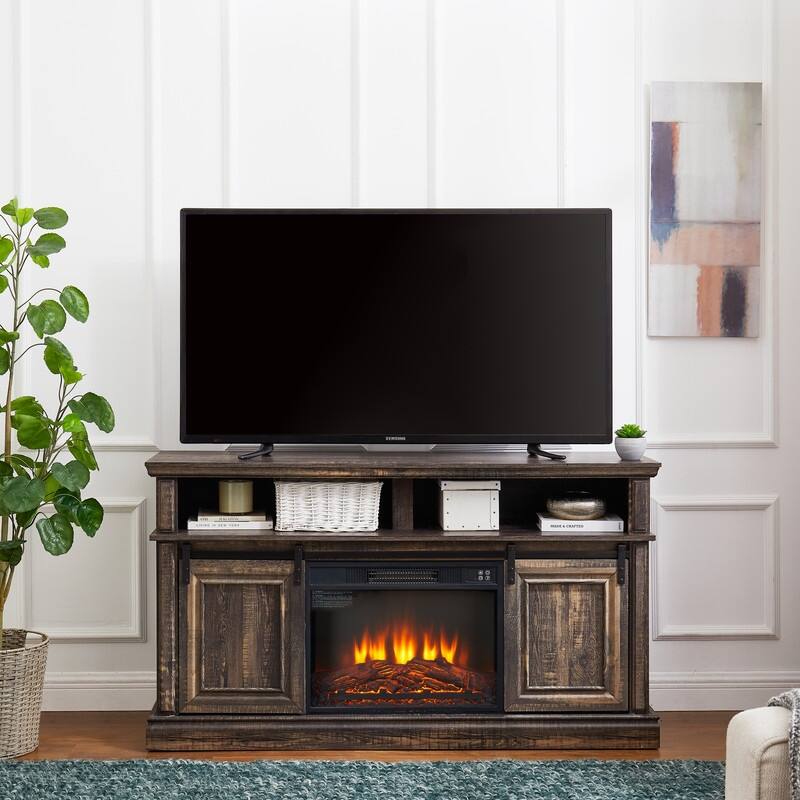 Antique Brown Modern TV Stand with Built-In Fireplace & Sliding Door Storage, 58" Wide Entertainment Console