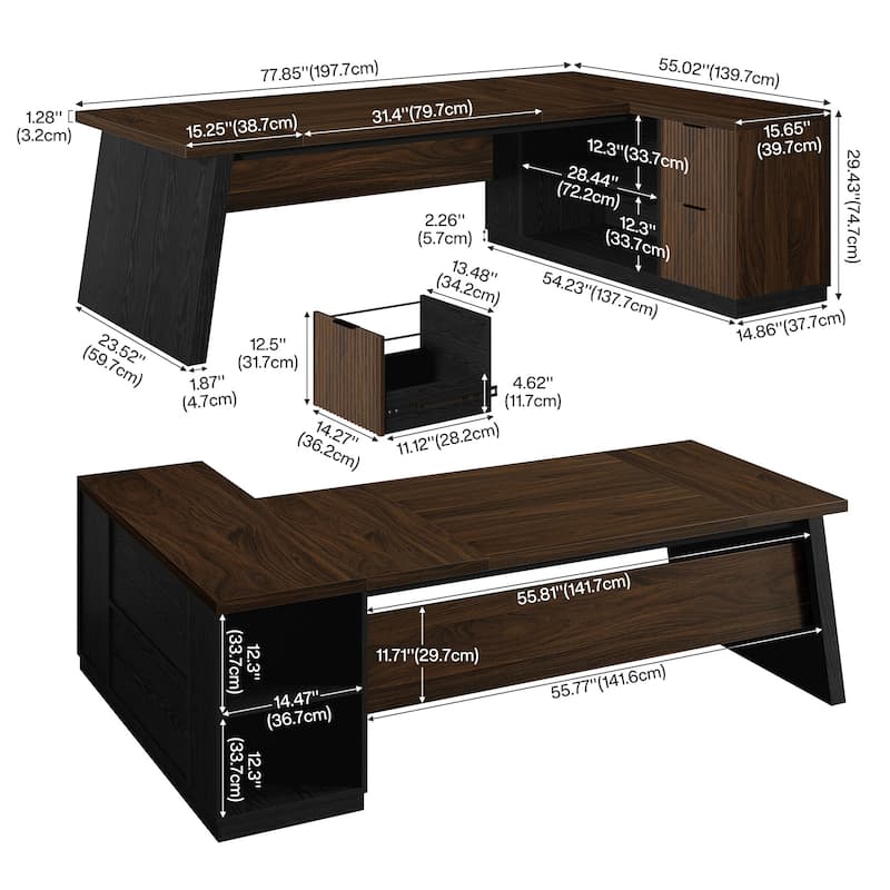 78" L-Shaped Executive Desk with File Cabinet & Shelves, Home Office